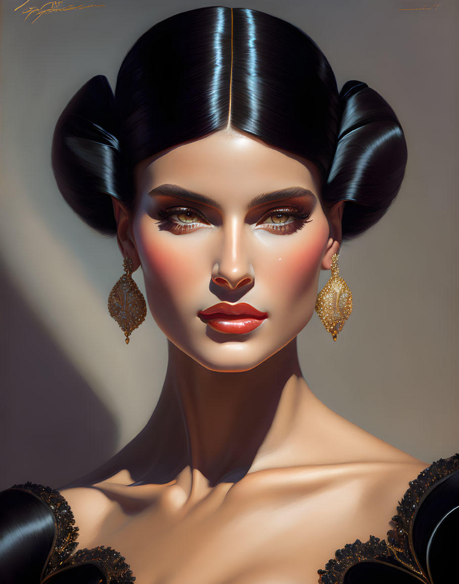 Portrait of woman with black hair in buns and gold earrings on warm background