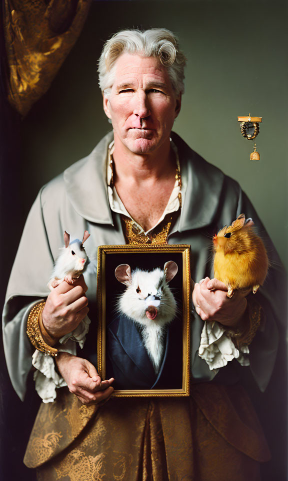 Man in historical attire with painting of mouse and live mice on hands