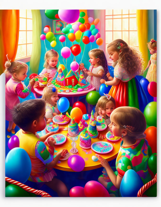 Colorful Kids Birthday Party with Hats, Balloons, and Cake