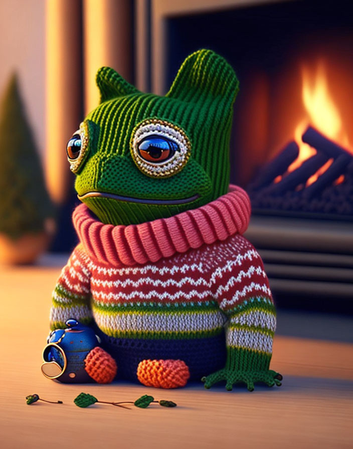 3D-rendered frog in green hat and sweater by fire with blue mug