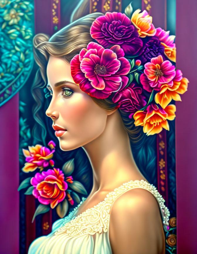 Vibrant flower-themed woman illustration with detailed, ethereal design