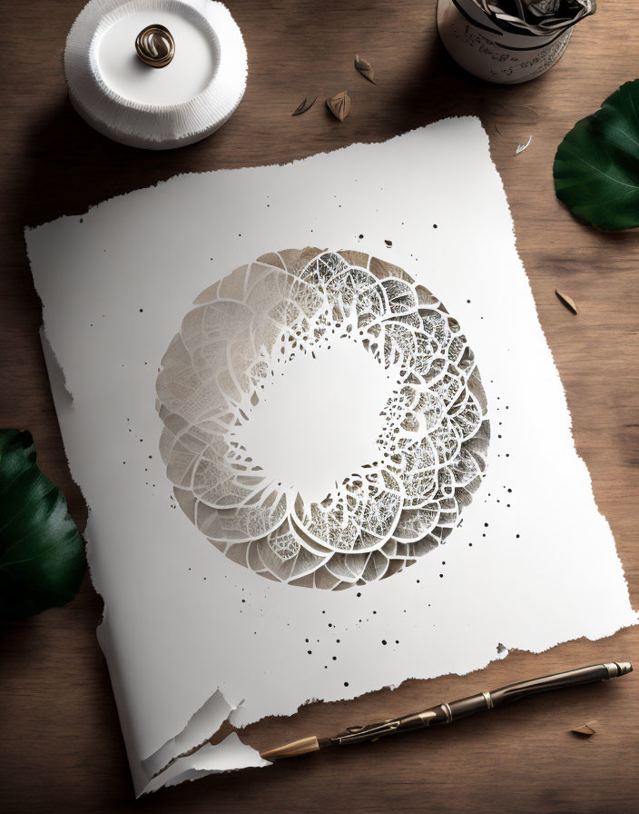 Circular paper cut art surrounded by pen, ink pot, and leaves.