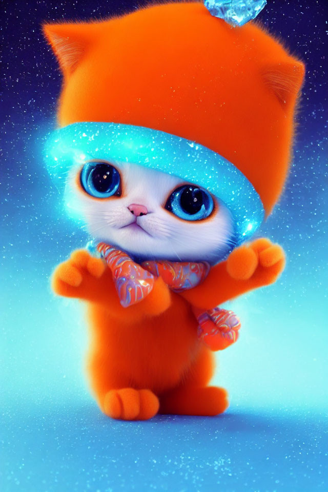 Animated orange kitten in blue snow hat and scarf on wintry blue background