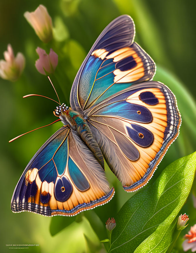 Colorful Butterfly Resting on Green Foliage with Pink Buds