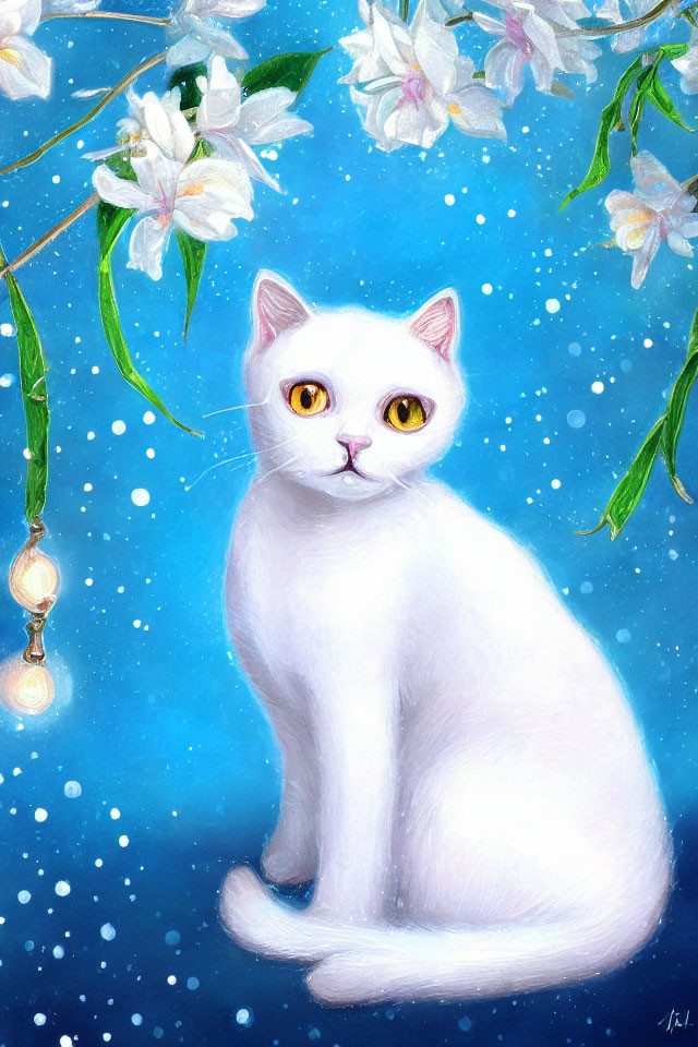 White Cat Among Blooming Flowers on Blue Background