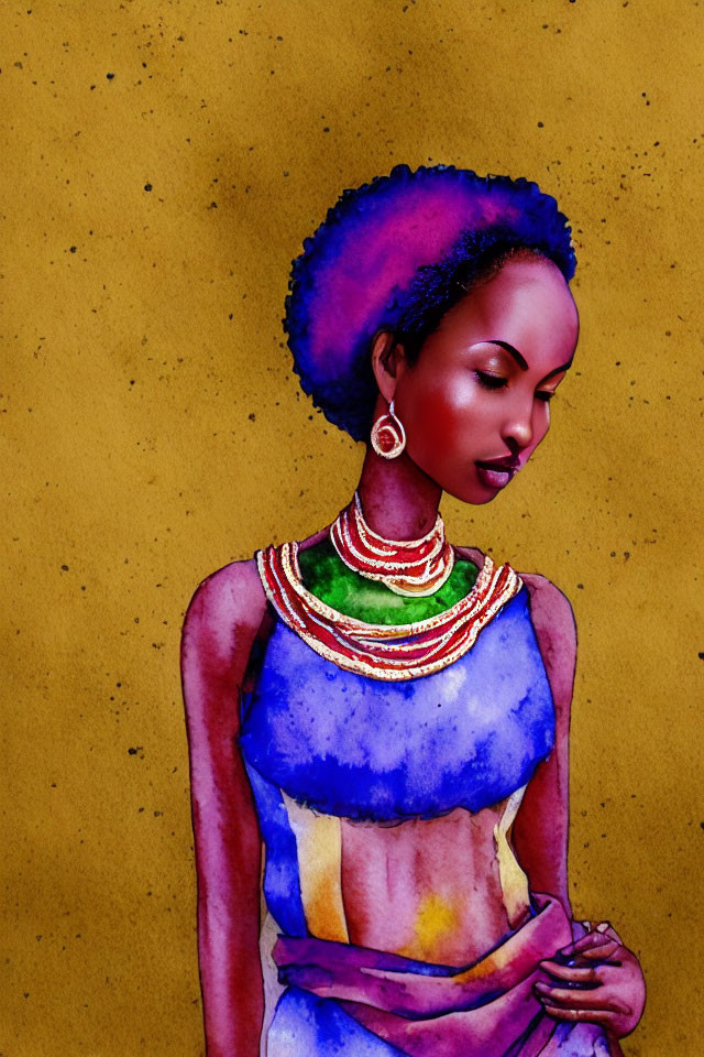 Digital Artwork: Woman with Purple Hair in Traditional African Attire