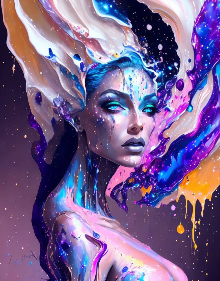 Colorful digital artwork of a woman with blue skin and flowing hair in cosmic setting