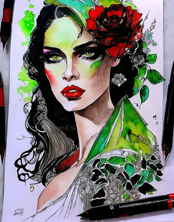 Illustration of woman with green eyes, red lips, rose in hair, surrounded by watercolor spl