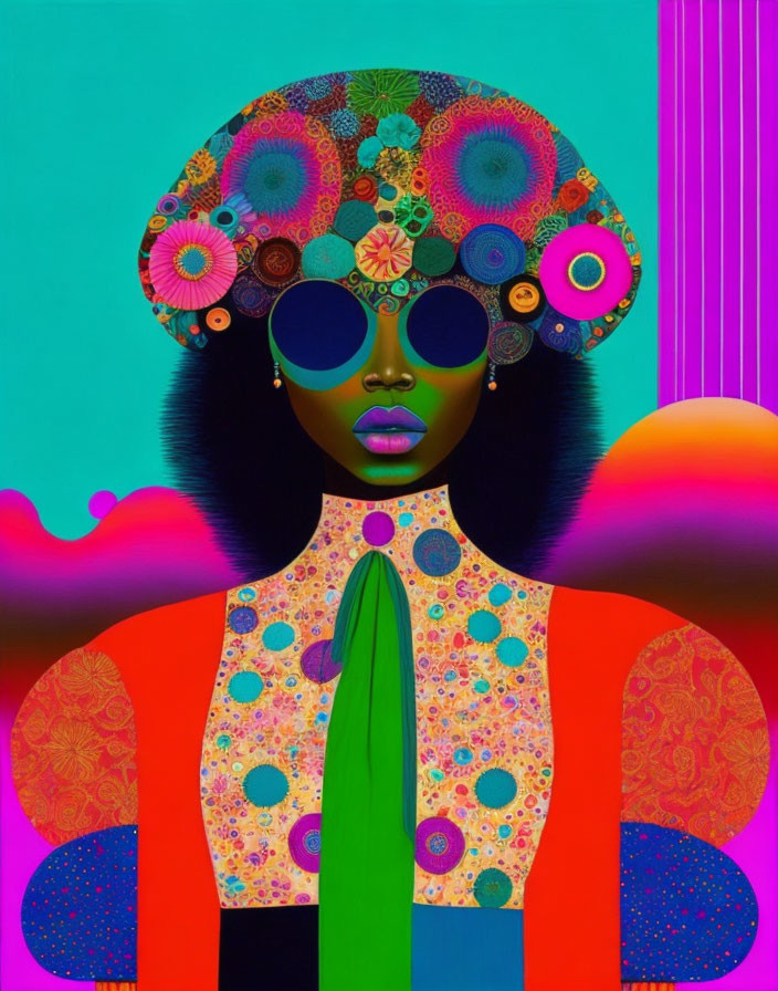 Colorful digital artwork of stylized woman on vibrant background