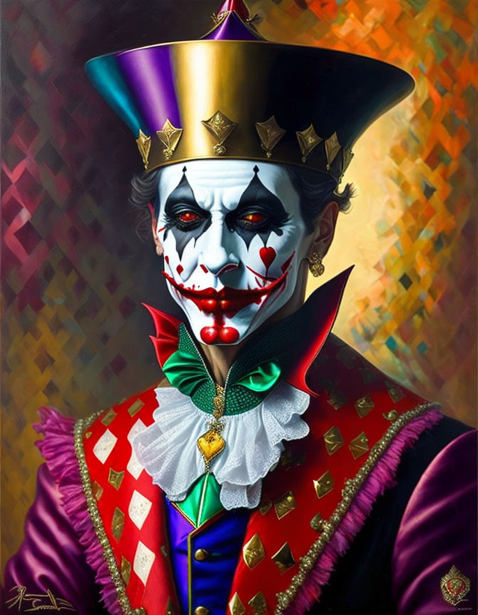 Vibrant portrait of Joker-like figure in regal attire