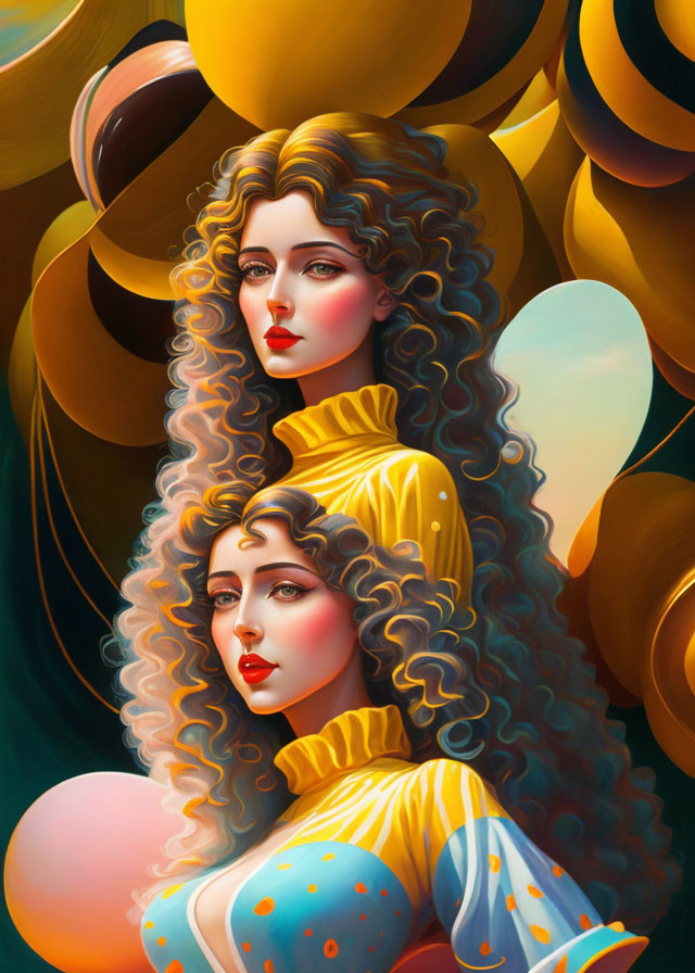 Woman with Long Curly Hair and Mirrored Face Illustration on Abstract Background