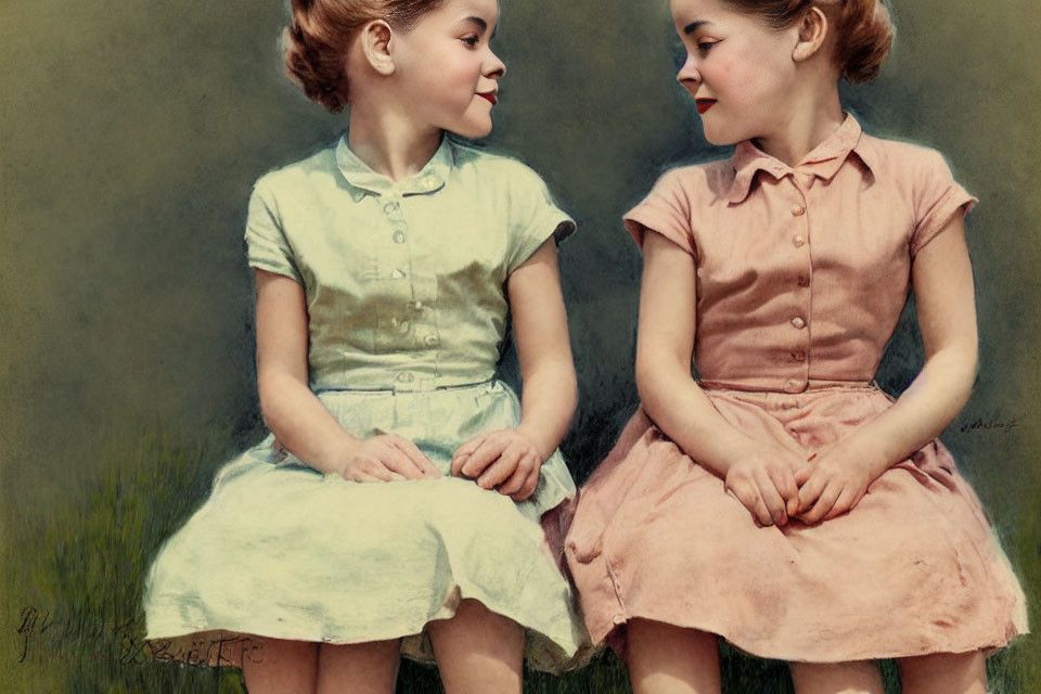 Vintage girls in outdoor setting, smiling and facing each other