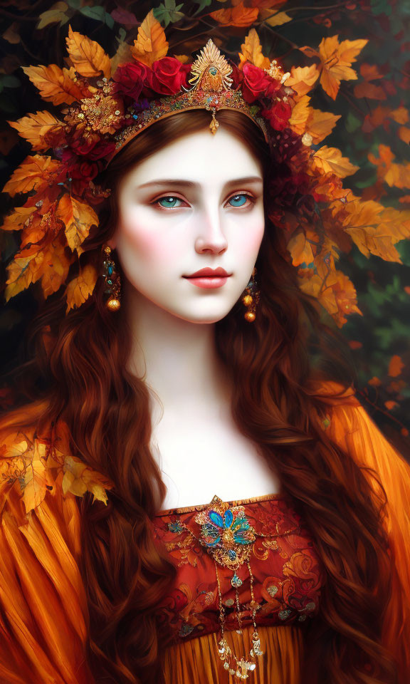 Red-haired woman in embroidered dress with autumn leaf crown, surrounded by fall leaves.