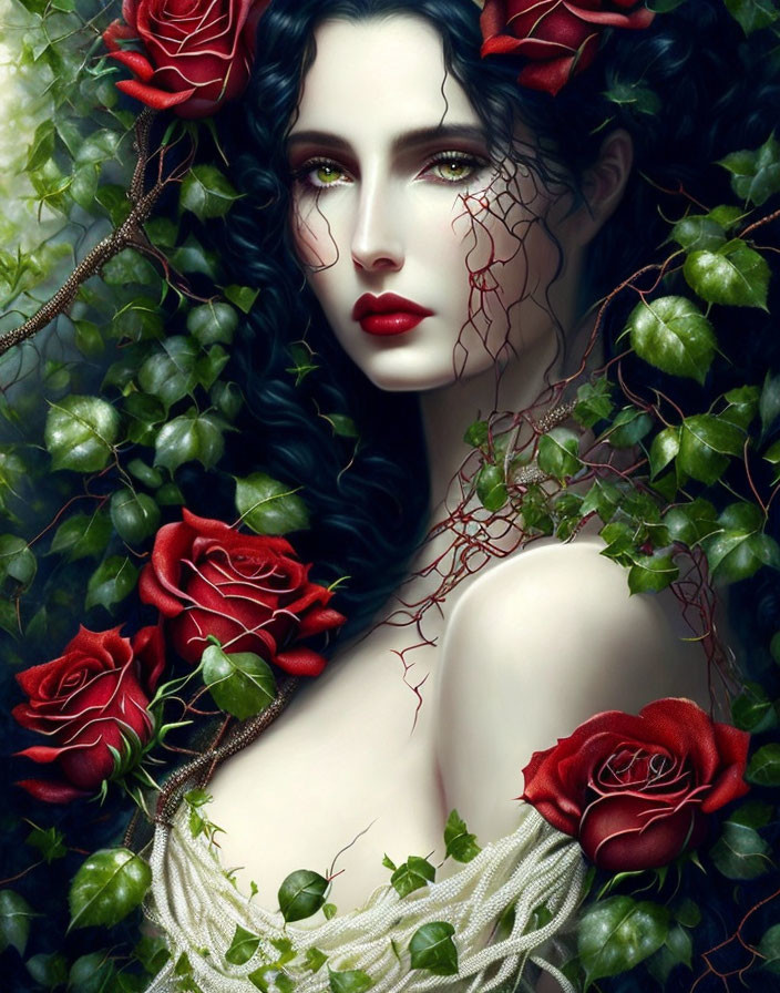 Digital artwork: Woman with pale skin, dark hair, red lips, green foliage, red roses -