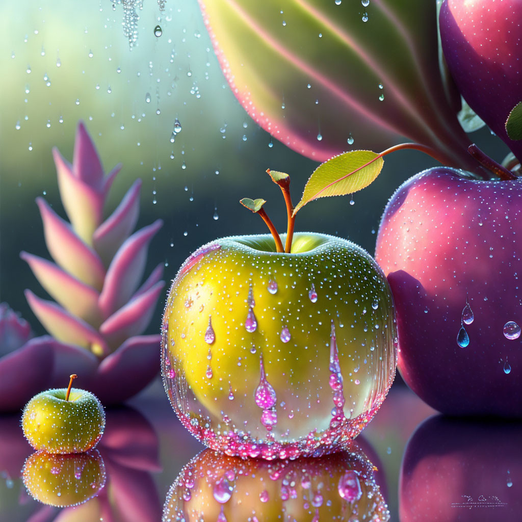 Dew-covered apples with lush flora and water droplets