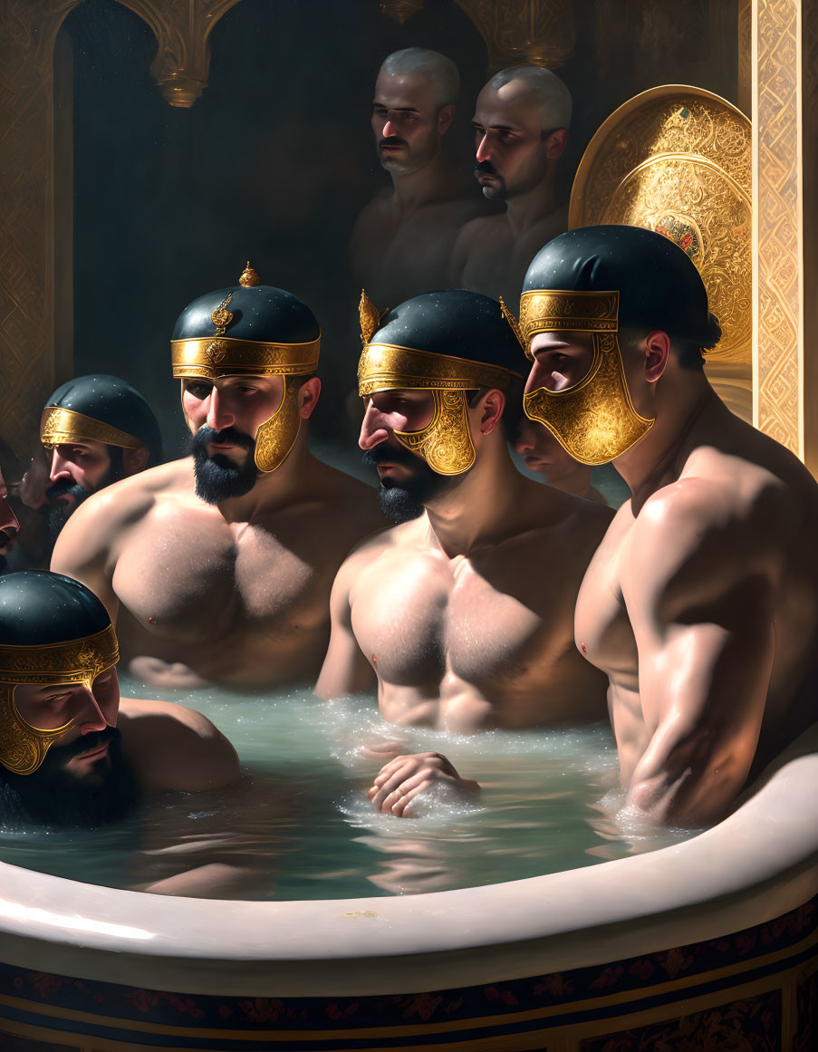 Group of Men in Golden Warrior Masks in Luxurious Steamy Bath