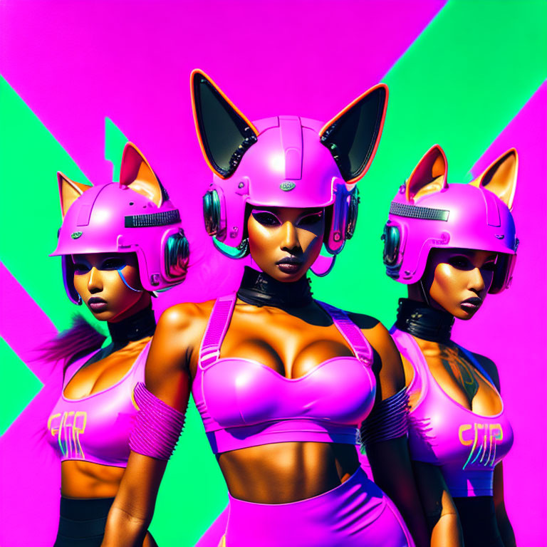 Stylized female figures in cat-ear helmets and futuristic outfits on vibrant background