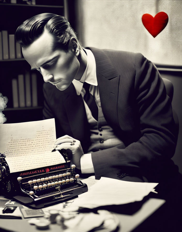 Man in suit typing on vintage typewriter with heart symbol above head in bookshelf room