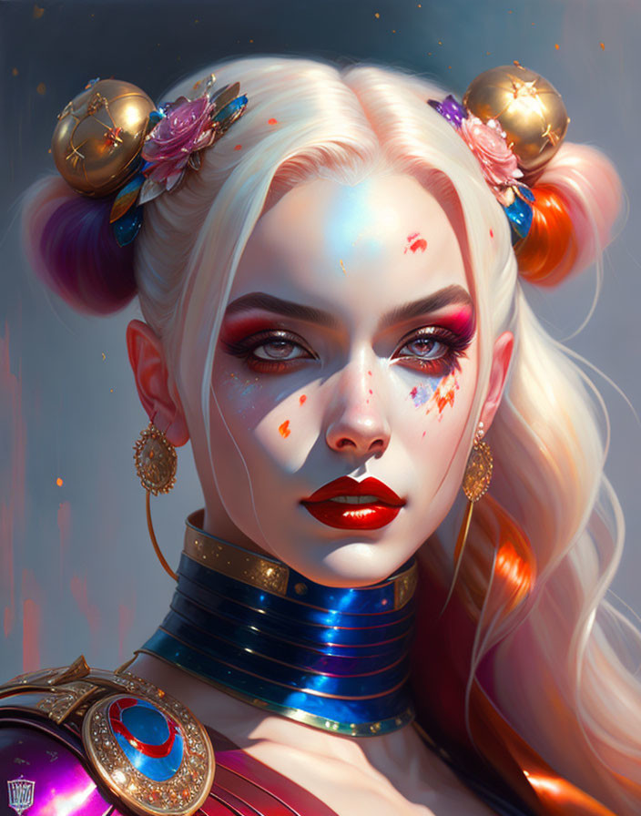 Blond-haired woman in floral buns with vibrant makeup and gem-adorned armor