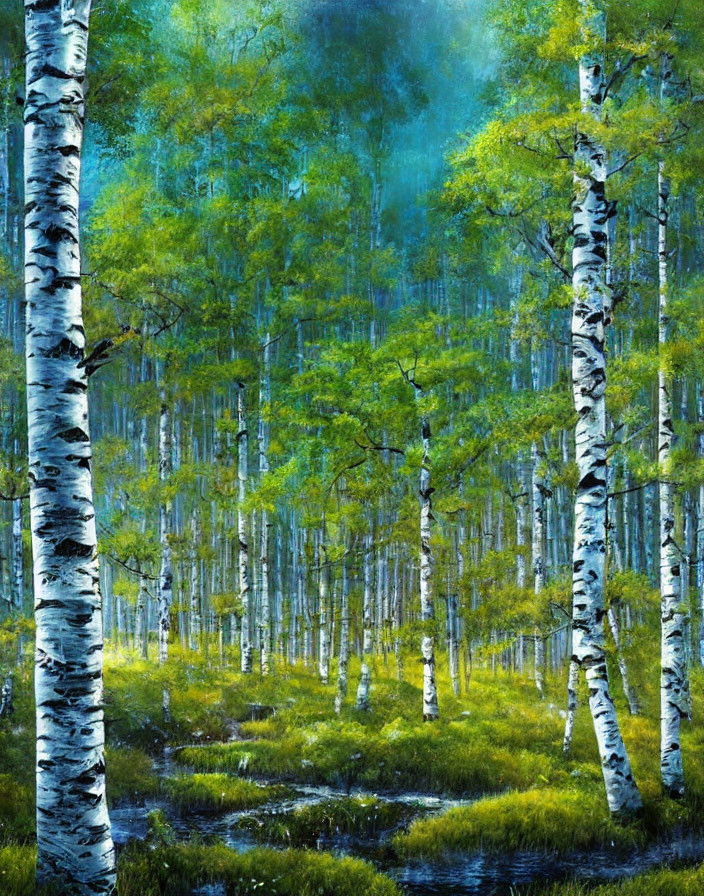 White-barked birch forest with green foliage and water body under blue sky