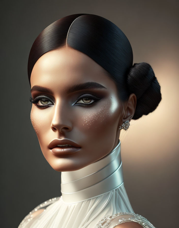 Woman with sleek bun hairstyle and elegant white outfit in digital artwork