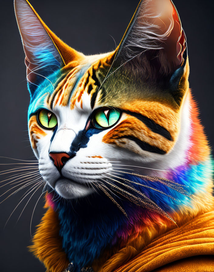 Vivid multicolored fur cat with green eyes on dark background