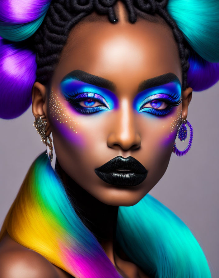 Vibrant rainbow hair woman with blue eyeshadow and black lipstick on grey background