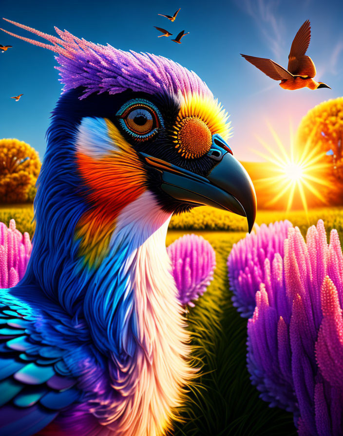 Colorful bird digital artwork against sky backdrop with flying birds & purple flowers