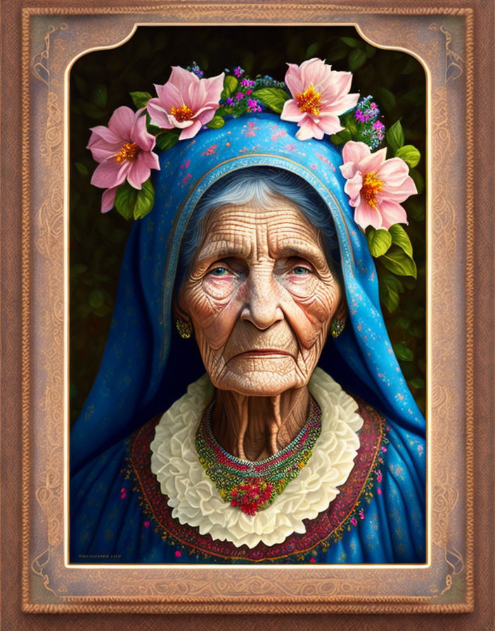 Elderly woman with deep wrinkles in colorful floral headdress and blue shawl