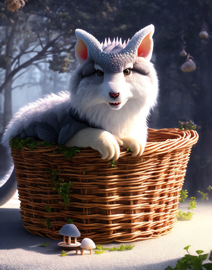 Fantasy cat-dragon creature on basket in forest with mushrooms