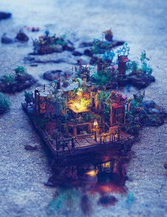 Miniature illuminated rustic floating house in serene natural setting