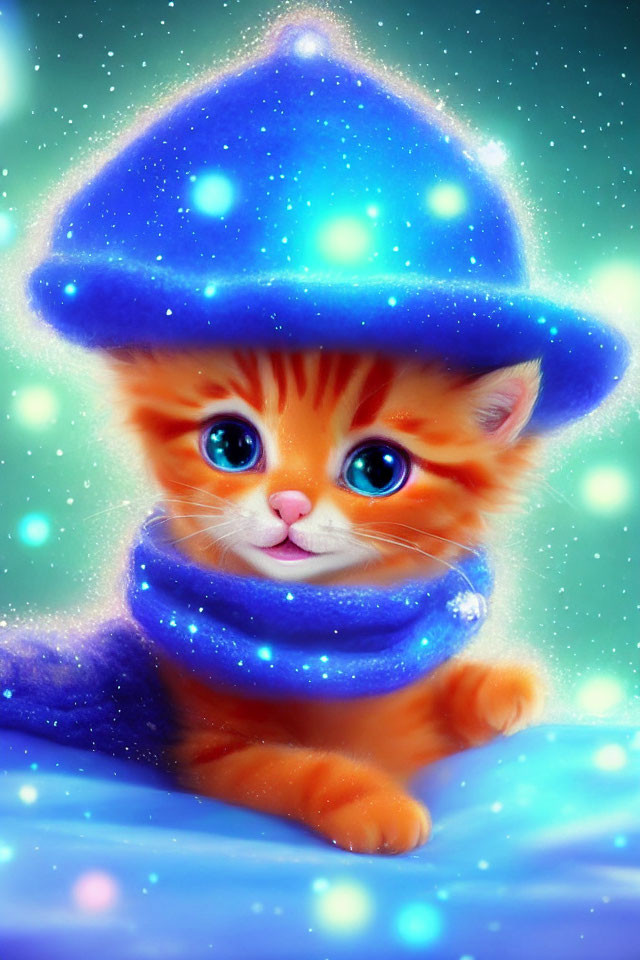 Orange kitten with blue eyes in blue hat and scarf on starry background