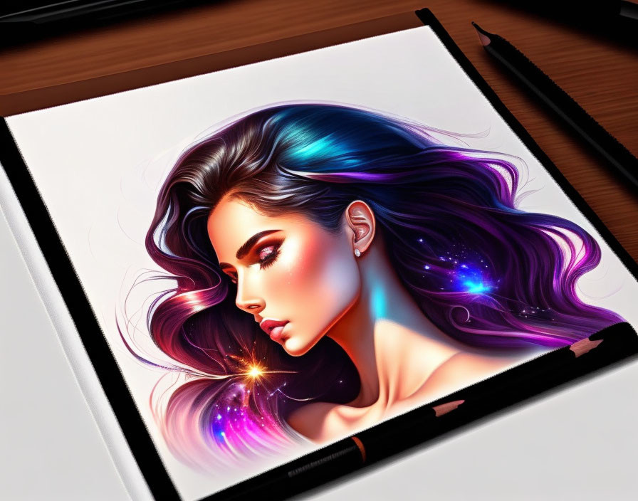 Vibrant-haired woman illustration on drawing tablet with sketching pencils