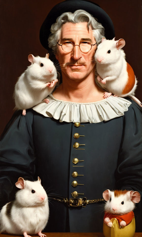 Digital painting parody with person in historical attire and white mice.