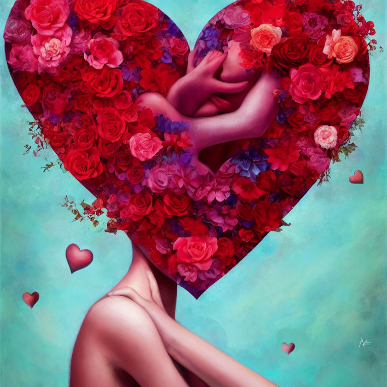 Figure with Heart-Shaped Rose Bouquet and Floating Hearts