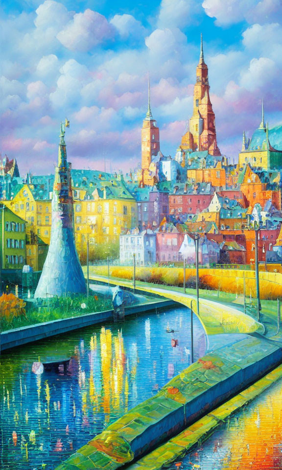 Colorful cityscape painting with castle, riverfront, and pastel sky.