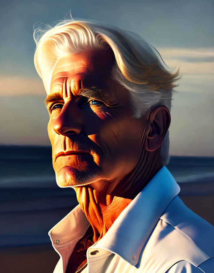 Detailed portrait of older man with silver hair in beach sunset scene