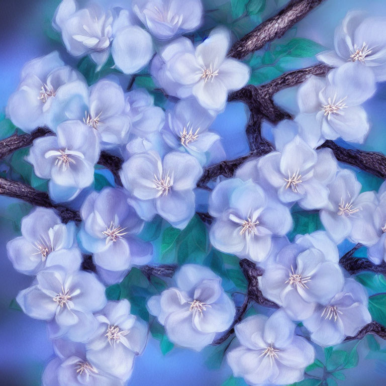 Digital painting of delicate blue flowers on branch with green leaves against textured blue background