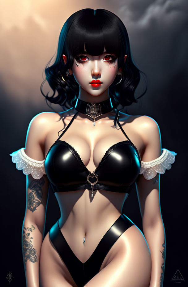 Digital portrait of a woman with black hair, blue highlights, tattoos, and choker