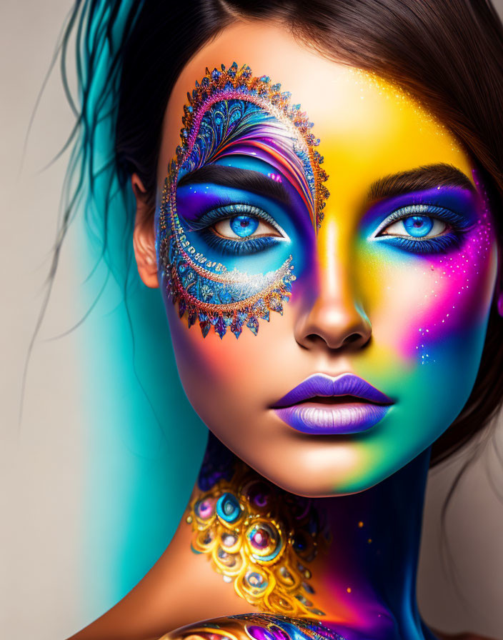 Vibrant woman with colorful makeup and peacock feather design.