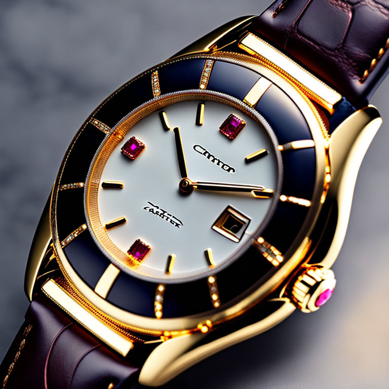 Elegant Gold Watch with Purple Gemstone Markers and Leather Strap