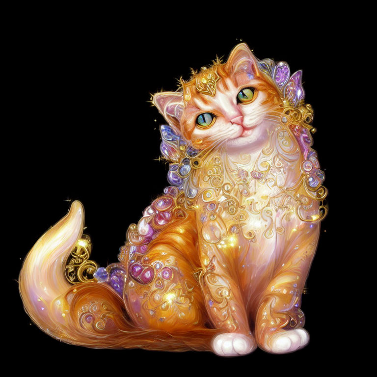 Colorful Digital Artwork: Whimsical Orange Cat with Golden Patterns