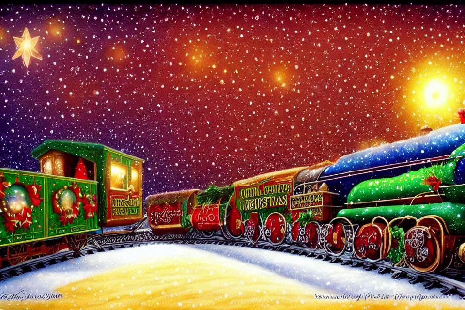 Festive Christmas train illustration under starry night sky