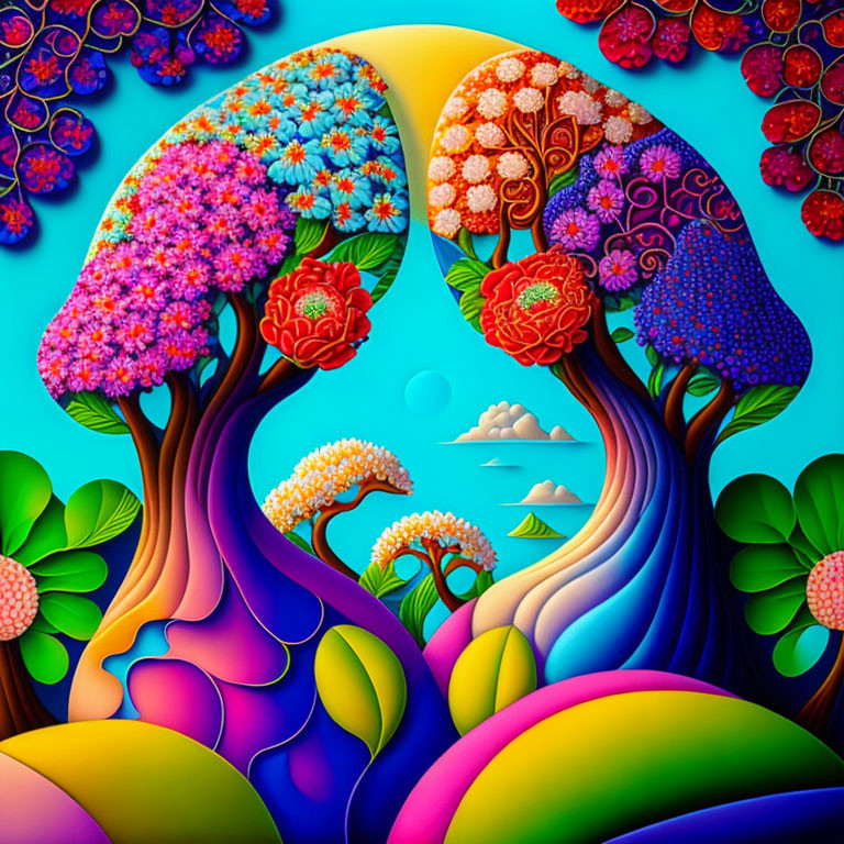 Colorful Stylized Landscape with Surreal Trees on Blue Sky