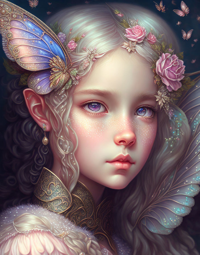 Fantasy girl with butterfly wings, surrounded by butterflies and intricate jewelry.