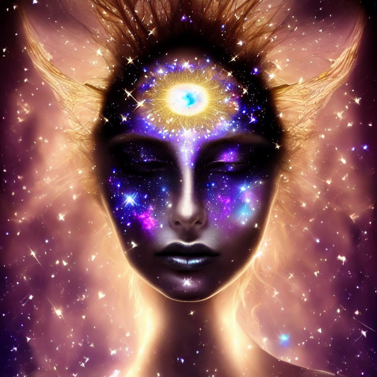 Mystical face with third eye in cosmic backdrop