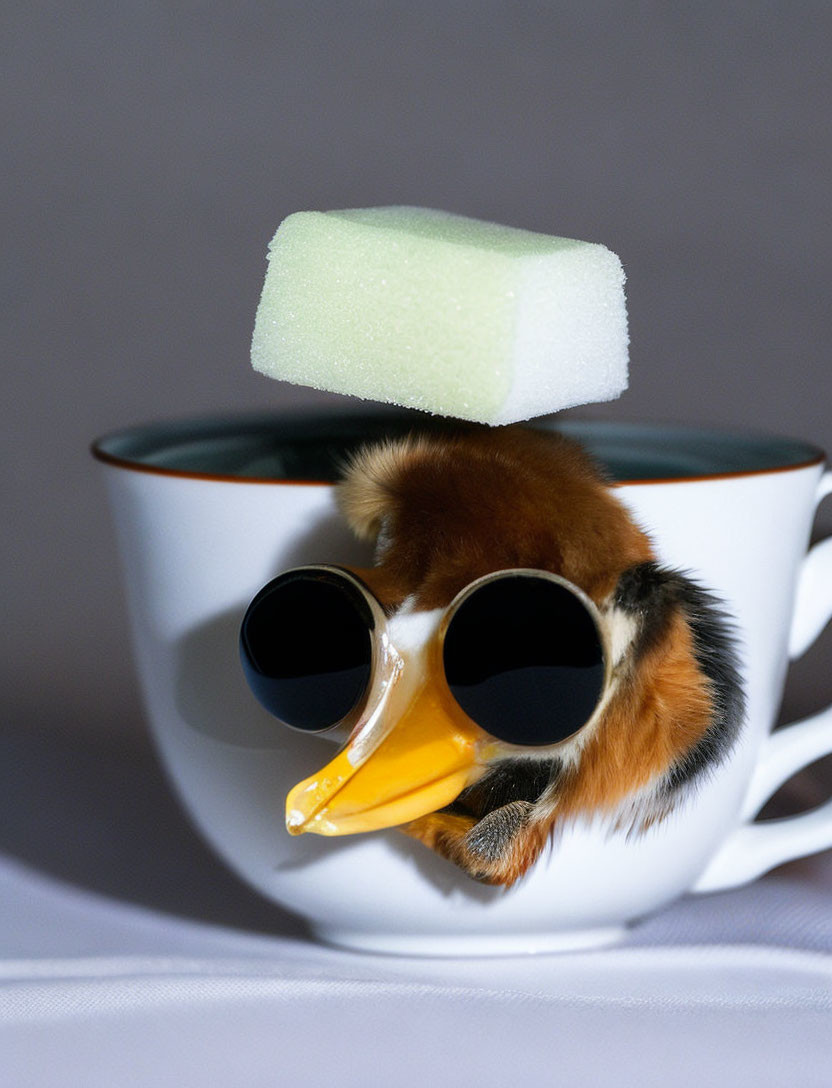 Plush Toy Bird with Beak and Sunglasses in Tea Cup with Foam Cube