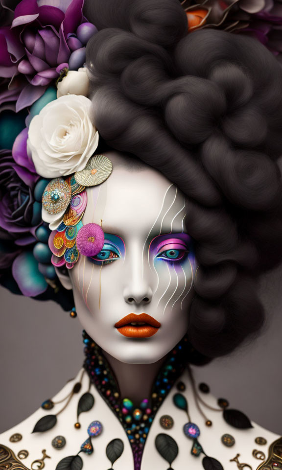 Stylized portrait of a woman with elaborate hair, flowers, peacock feathers, vibrant makeup,