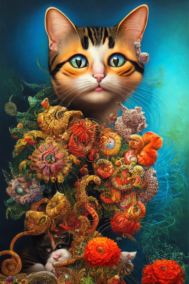 Colorful surreal artwork: Large cat head with vibrant eyes, surrounded by fantastical flowers and intricate patterns