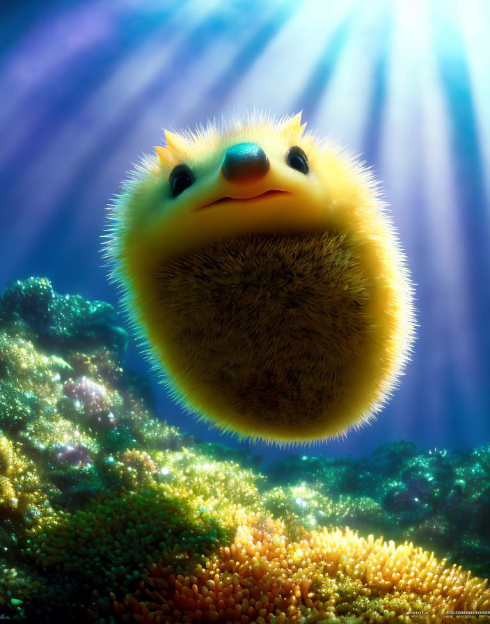 Fluffy yellow creature with horn-like protrusions above colorful coral reef